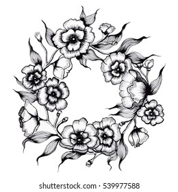 Vector floral round frame. Hand draw round frame with flowers in vintage style. Black and white illustration. 