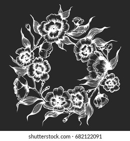 Vector floral round frame. Hand draw round frame with flowers in vintage style. Circle black decoration.