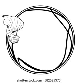 vector floral round frame with lily in black and white colors