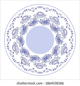 Vector floral round frame, plate, dish, sigia hatched hand drawn decorative chamomile flower isolated on white background