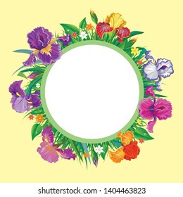 Vector floral round frame template with beautiful iris flowers, leaves and buds