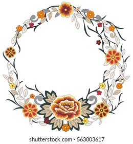 Vector floral round frame. Template for greeting card, invitation or postcard with colorful ornamental elements. Wreath with folk style flowers, leaves and grass on white background