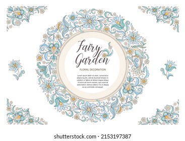 Vector floral round frame, vignette, border, card design template. Elements in Eastern style. Floral borders, flower ethnic illustration. Indian ornaments. Isolated ornament. Ornamental decor for card