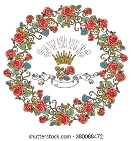 Vector floral round ornament. Retro red roses circle composition. Roses Wreath. Can be used for fabrics, wallpapers, ornamental template for design and decoration, etc