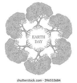 Vector floral round vignette frame from wreath of old fruit tree on a light background. Hand drawn doodle sketch. Arbor Day, Earth Day invitation, greeting card, logo, emblem design. Black and white