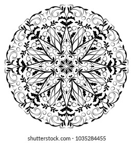Vector floral round in the vintage style. Black and white nature ornament