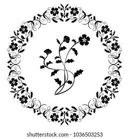 Vector floral round in the vintage style. Black and white nature ornament