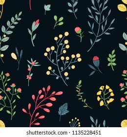 Vector floral seamlees pattern with leaves, swirls, flowers, berries and branches elements on black background. Bright summer colorful floral texture for textile, wrapping paper, print design, surface