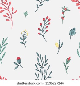 Vector floral seamlees pattern with leaves, swirls, flowers, berries and branches elements on light background. Bright summer colorful floral texture for textile, wrapping paper, print design, surface