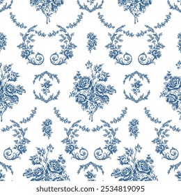 Vector floral seamless antique pattern with big peony roses and leaves in blue color.