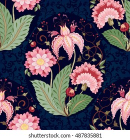 Vector floral seamless background. Curved branch with fantastic flowers, leaves, tendrils and berries on dark backdrop. The motives of the paintings of ancient Indian fabrics. Tree of Life collection.