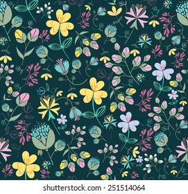 Vector floral seamless background with cute flower doodles - field wild flowers 