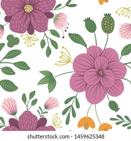 Vector floral seamless background. Flat trendy illustration with flowers, leaves, branches. Repeating pattern with meadow, woodland, forest plants