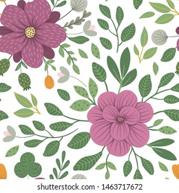 Vector floral seamless background. Flat trendy illustration with flowers, leaves, branches. Repeating pattern with meadow, woodland, forest plants