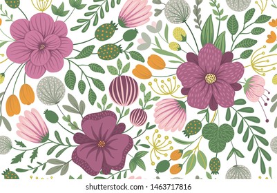 Vector floral seamless background. Flat trendy illustration with flowers, leaves, branches. Repeating pattern with meadow, woodland, forest plants