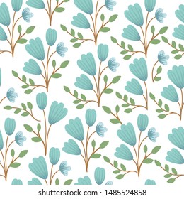 Vector floral seamless background. Hand drawn flat simple trendy illustration with blue bell flowers and leaves. Repeating pattern with meadow, woodland, forest plants