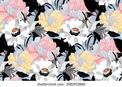 Vector floral seamless background. A pattern of multi-colored flowers with black and blue leaves. Artistic design from floral elements for fabrics, wallpapers, covers, and more.
