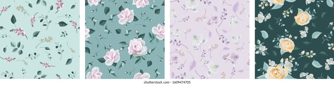 Vector floral seamless backgrounds. Flowers, leaves, buds, twigs. Isolated backgrounds on white background.