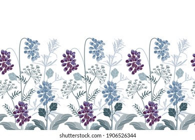 Borde sin soldadura vectorial floral. Flores azules, violetas, hierbas y bayas. Elementos florales aislados en un fondo blanco.