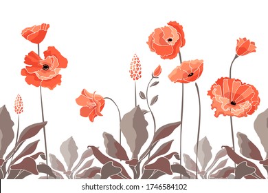 Vector floral seamless border. California poppy flowers, Eschscholtzia. Seamless pattern with coral color flowers, Chocolate color leaves and stems. Floral elements isolated on white background.