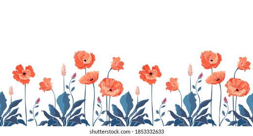 Vector floral seamless border. California poppy flowers, Eschscholtzia. Seamless pattern with coral color flowers, blue leaves and stems. Floral elements isolated on white background.