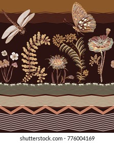 Vector floral seamless border, colorful wallpaper with dragonfly, plants and butterfly