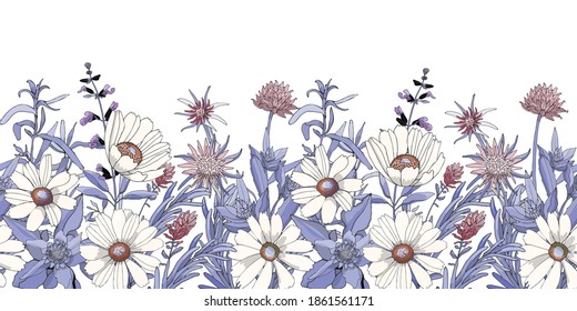 Vector floral seamless border. Flower background. Seamless pattern with white flowers, blue leaves. Floral elements isolated on white background.