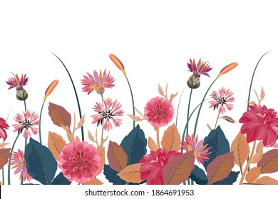 Borde sin soldadura vectorial floral. Fondo de las flores. Patrón sin foco con flores de maíz, dahlias, flores de cardo, hojas azules y marrones. Elementos florales aislados sobre fondo blanco.