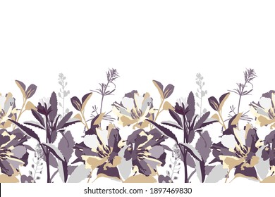 Vector floral seamless border. Flower background. Seamless pattern with white, beige, grey, violet flowers and leaves. Floral elements isolated on white background.