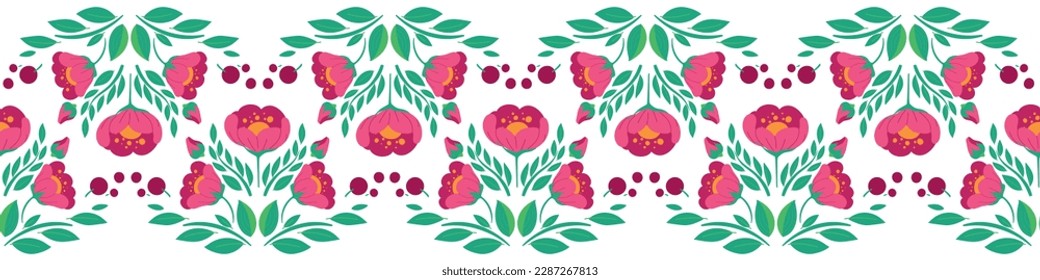 Vector floral seamless border. Folk art decoration with with currant berries and cherry flowers. Rustic floral ornament