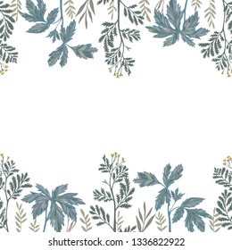 Vector floral seamless border frame isolated on white. Botanical drawing of meadow flowers, foliage, stems, herbs and leaves. Seamless floral rim, band for cards, wedding or postcard. 