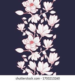 vector floral seamless border with hand drawn magnolia in white and red outline on dark navy background