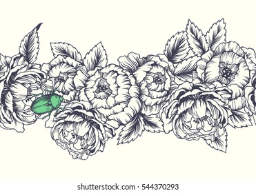 Vector floral seamless border. Hand drawn illustration with beautiful blooming flowers. Vintage botanical background for labels, invitation or greeting cards