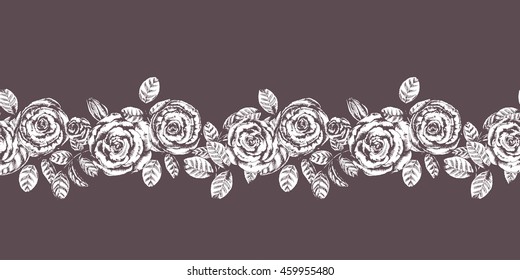 Vector floral seamless border with imprint of vintage roses. Ink drawn botanical illustration in retro style for herbal seamless design. For print, card, wedding, wrapping. White on brown.