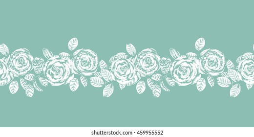 Vector floral seamless border with imprint of vintage roses. Ink drawn botanical illustration in retro style for herbal seamless design. For print, card, wedding, wrapping. White on green.