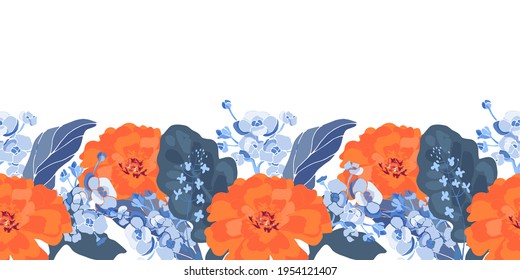 Vector floral seamless border. Orange color tagetes, marigold, small blue flowers, blue leaves isolated on a white background. For decorating any surfaces, cards, banners.