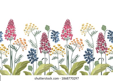 Vector floral seamless border, pattern. Spring, summer flowers, green leaves. Yellow, maroon flowers, blue berries. For decorative design of any surfaces.