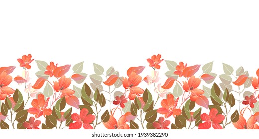 Vector floral seamless border, pattern. Decorative border with red flowers, green leaves. Floral elements isolated on a white background.