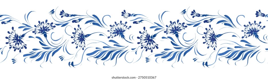 Vector floral seamless border pattern from hand painted blue flowers and leaves on a white background