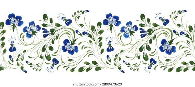 Vector floral seamless border pattern from hand painted periwinkle flowers on a white background