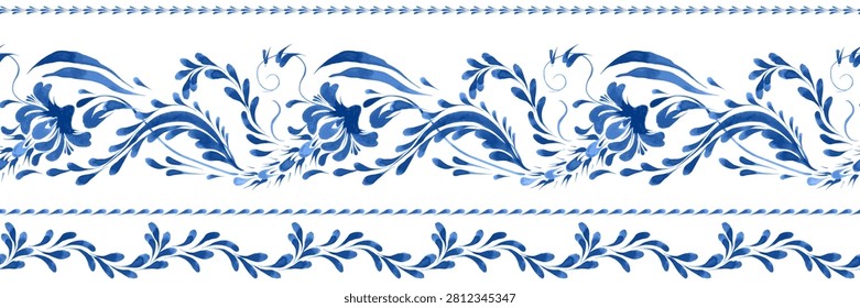 Vector floral seamless border pattern from blue painted leaves and flowers on a white background