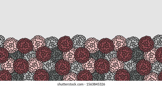 Vector floral seamless border in pink. Simple doodle carnation hand drawn made into dense repeat. Great for invitations, decor, packaging, ribbon, greeting cards, stationary.
