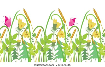 Vector floral seamless border with pink butterflies, green grass, ears of wheat, dandelions, different plants on summer meadow
