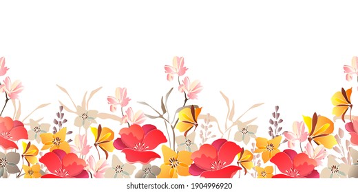 Vector floral seamless border. Red, yellow flowers isolated on a white background.