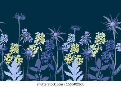 Vector floral seamless border. Spring, summer blue, light yellow flowers, stems, leaves, oat root tragopogon in moonlighte isolated on deep blue background.