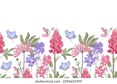 Vector floral seamless border. Spring flowers, green leaves, butterflies. Lupine, tufted vetch, bird vetch, calendula, marigold. Pink, purple garden flowers on white background.