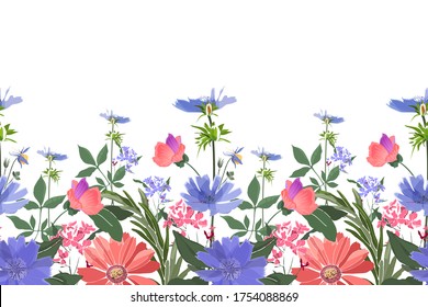 Vector floral seamless border. Summer flowers, green leaves. Chicory, mallow, gaillardia, marigold, oxeye daisy. Pink, blue flowers isolated on white background.