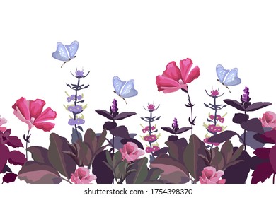 Vektor blühender nahtloser Rand. Sommermuster mit rosafarbenen Blumen, violetten Blättern, Schmetterlingen. Sommergarten, Blumen und Kräuter einzeln auf weißem Hintergrund.