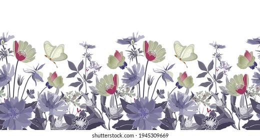 Vector floral seamless border. Summer flowers, blue leaves. Chicory, mallow, gaillardia, marigold, oxeye daisy. Grey, blue, maroon, olive color flowers, butterflies isolated on a white background.