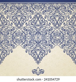 Borde floral sin fisuras en estilo victoriano. Organizar elemento para el diseño y lugar para el texto. Patrón original para invitaciones de boda, tarjetas de felicitación. Decoración tradicional azul.